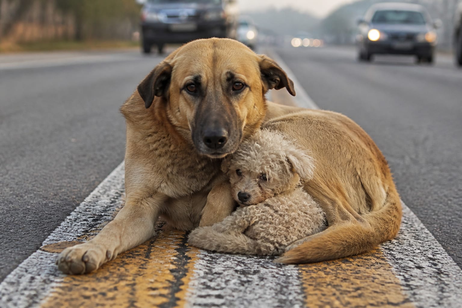 Two Lost Dogs Lay On A Centre Line While Traffic Swerved Around Them
